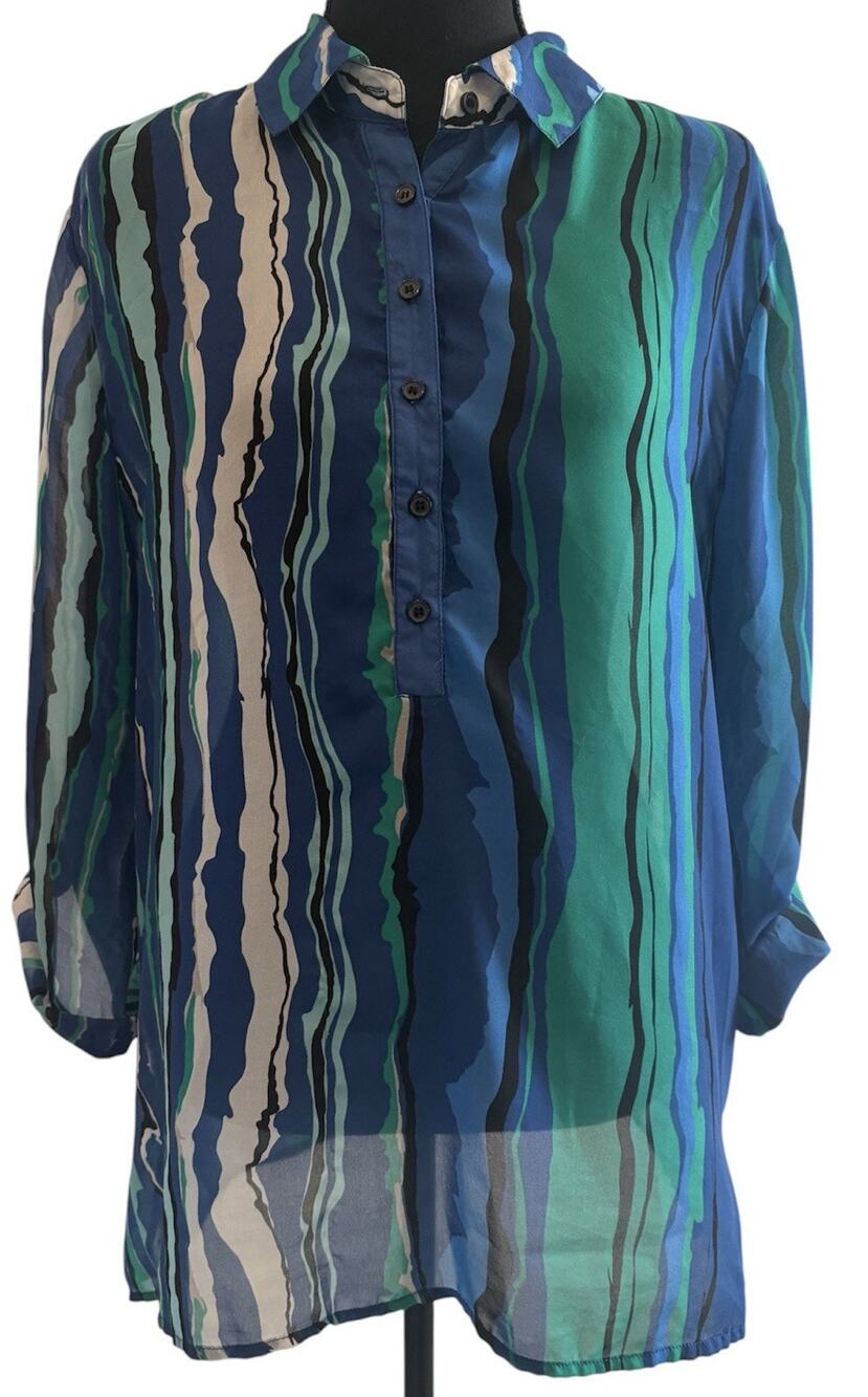Chico’s Lightweight Colorful Sheer 1/2 Button Striped Blouse Size 2 (Large)